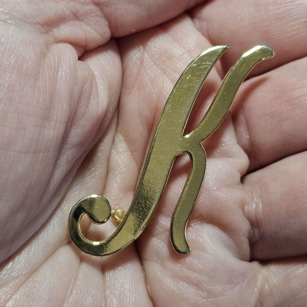 *Sale* Monogram Letter Initial K Brooch Pin Smooth Gold Tone Metal - Picture 2 of 9